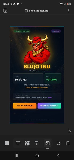 A mobile screenshot displays a cryptocurrency meme coin page titled 'BLUJO INU' priced at $0.0 2753 with +21.34% gain, showing 'BUY ON PUMP.FUN' and 'CHART ON DEXTOOLS' buttons.
