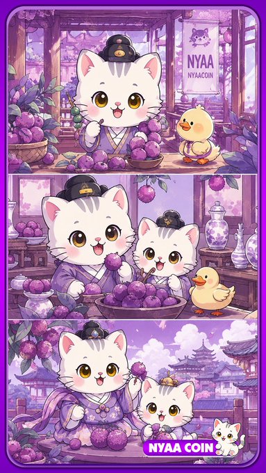 A three-panel cartoon illustration in purple tones featuring cute cats wearing traditional hats and robes alongside a small duck, with banners displaying "NYAA NYACOIN" and "NYAA COIN".