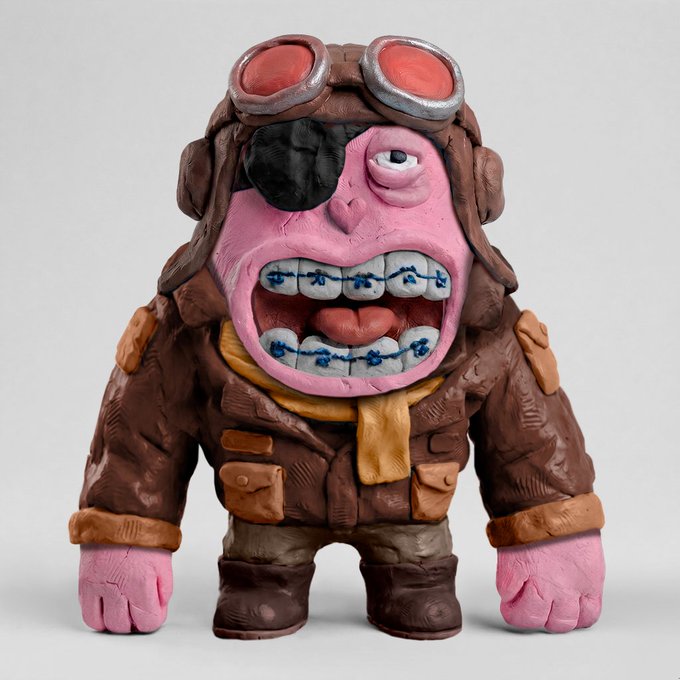 A pink-skinned, one-eyed aviator figurine with braces and a leather flight cap stares wide-eyed and manic, wearing goggles and a bomber jacket—his exaggerated, frazzled expression perfectly capturing the "WW2 survivor with PTSD" backstory described in the post.