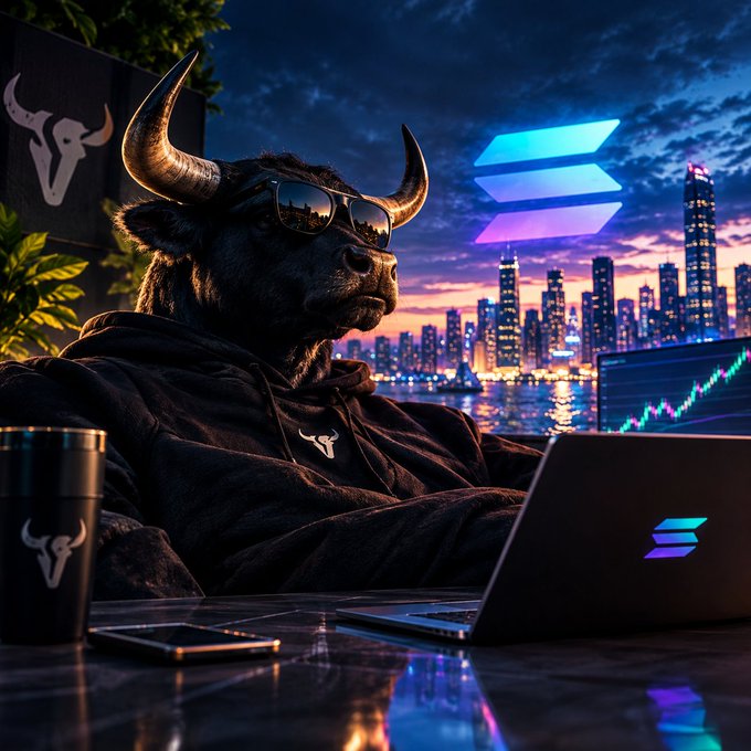 An AI-generated image depicts a bull wearing sunglasses and a black hoodie working on a laptop, with the SOL (Solana) logo prominently displayed against a city skyline at sunset.