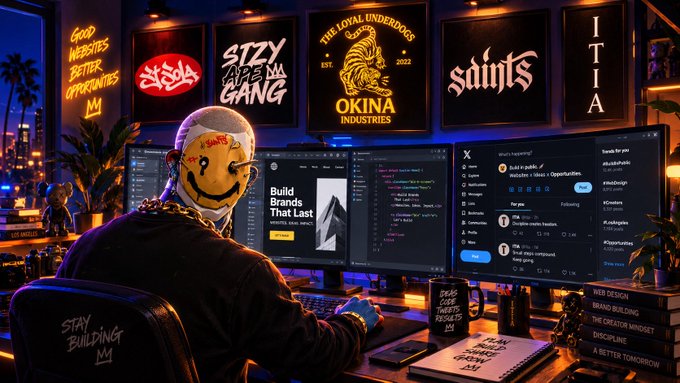 A stylized digital illustration of a person with a smiley face bandana sitting at a desk with multiple monitors displaying code and Twitter, with neon signs reading 'OKINA INDUSTRIES', 'STZY APE GANG', 'saints', and 'ITIA' on the wall behind.
