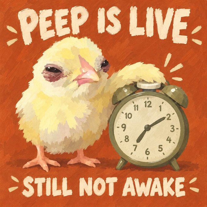 An illustration of a fluffy yellow baby chick standing next to an alarm clock showing approximately 7:10, with playful text reading 'PEEP IS LIVE' and 'STILL NOT AWAKE' on an orange background.