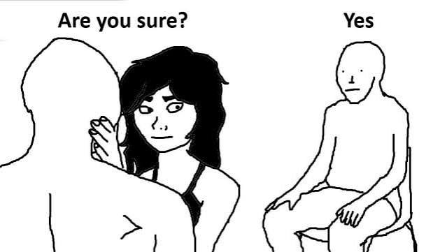 The image shows a two-panel meme: on the left, a concerned-looking woman asks "Are you sure?" while a faceless figure leans in close to her, and on the right, the same faceless figure sits alone saying "Yes." The meme humorously captures the cautious deliberation before embracing a new memecoin, paralleling the post's announcement that $CASHCAT has launched on Solana via Sunrise—essentially the "yes" moment after weighing whether the cat-themed token is worth going all in on.