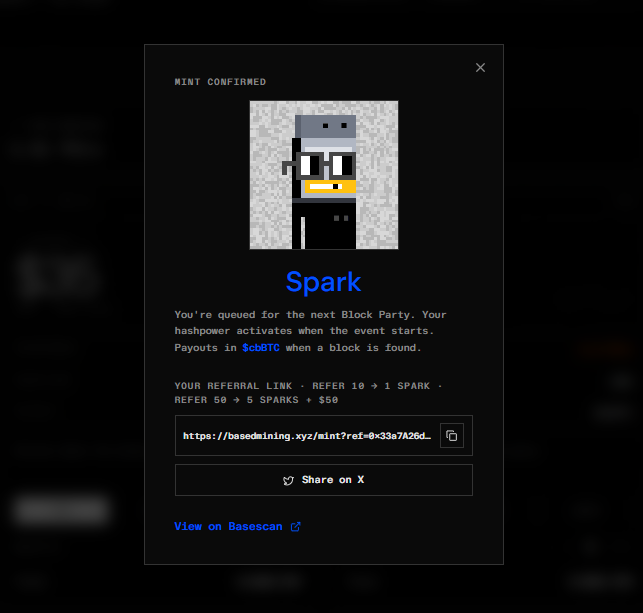 A dark 'Mint Confirmed' screen showing an 8-bit character named 'Spark' with text indicating the user is queued for the next Block Party, with referral links and '@cBTC' payouts.
