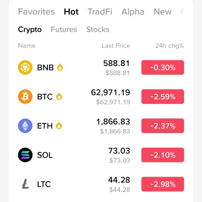 A cryptocurrency market tracker displaying five major coins (BNB at $588.81, BTC at $62,971.19, ETH at $1,866.83, SOL at $73.03, and LTC at $44.28) all showing red 24-hour price changes ranging from -0.30% to -2.98%. The image illustrates the "One day Red" portion of the post's saying, capturing a moment when every listed crypto has dropped in value.