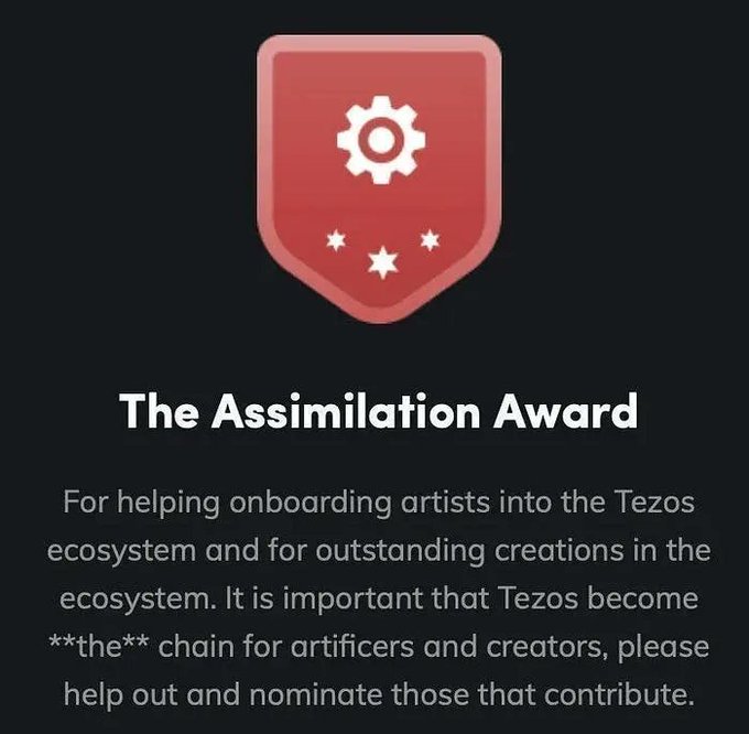 A red shield badge with a gear icon and three stars labeled 'The Assimilation Award', recognizing contributors who help onboard artists into the Tezos ecosystem.