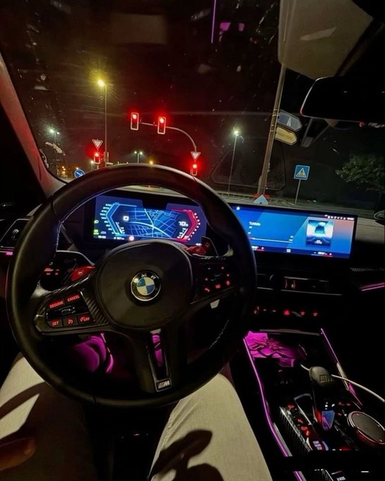 Nighttime view from the driver's seat of a BMW, showing the steering wheel with the BMW logo, illuminated dashboard displays, and red traffic lights ahead.
