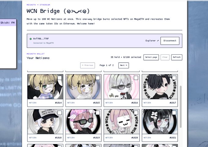 A screenshot of the WCN Bridge interface for converting MegaETH Netizens to Ethereum, showing a connected wallet (0xf70b...770f) holding 35 Netizens with the first 8 displayed (#1014-#1021), all featuring anime-style character NFTs with "WCN" branding. The post's reference to "i bridge netizens" aligns with the bridge tool shown, which allows users to migrate their Netizen NFT collection from MegaETH to Ethereum.