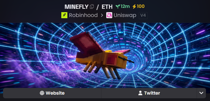 A digital graphic displaying 'MINEFLY / ETH' with a price of '12m' and '100' next to a yellow horse-like creature, set against a neon blue tunnel background, with 'Robinhood' and 'Uniswap V4' logos visible.