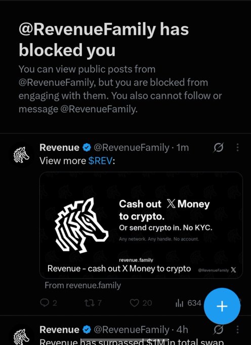 A Twitter/X notification showing '@RevenueFamily has blocked you', along with a visible tweet from Revenue promoting 'Cash out X Money to crypto' from revenue.family.