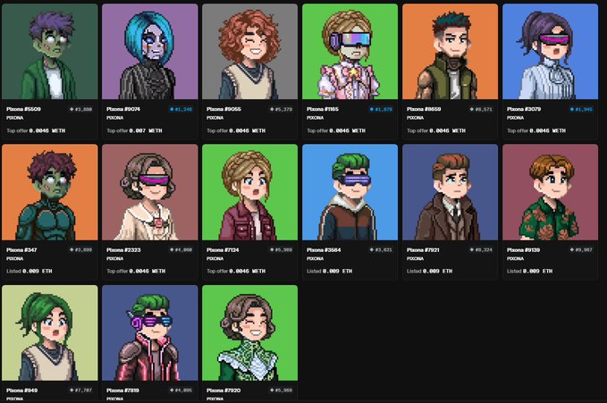 A grid of 15 Pixona pixel-art NFT character portraits is displayed, each with unique designs, traits, and varying top offer prices ranging from approximately 0.0045 to 0.007 WETH, with some still listed for sale. The image showcases the successful Pixona collection reveal referenced in the post, displaying the available characters and their current ETH market prices, though none appear to be at the 0.0056 ETH floor price mentioned.