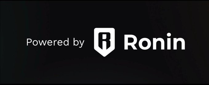 A black banner with white text reading "Powered by Ronin," featuring the Ronin shield logo in the center, displayed alongside an announcement of Ronin's new Proof of Distribution (PoD) system. The image serves as a branding element highlighting Ronin's role in powering the initiative that rewards builders based on on-chain metrics like NFT and DEX volume.