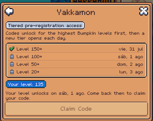 A screenshot of a 'Yakkamon' game interface showing 'Tiered pre-registration access' with codes unlocking at Level 150+, 100+, 50+, and 20+, indicating 'Your level: 135' unlocks on 'sáb, 1 ago'.