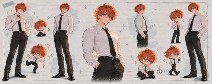 A character design sheet showing an anime-style young man with curly red hair and glasses, depicted in various poses wearing a white dress shirt, black tie, and dark trousers.