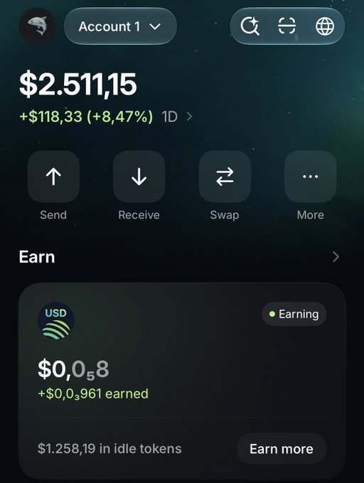 Image 2: A screenshot of a cryptocurrency or digital wallet app showing an account balance of $2,511.15 USD, which is up $118.33 (+8.47%) in 1 day. It features buttons for 'Send', 'Receive', 'Swap', and 'More', along with an 'Earn' section showing $0.08 currently earning.