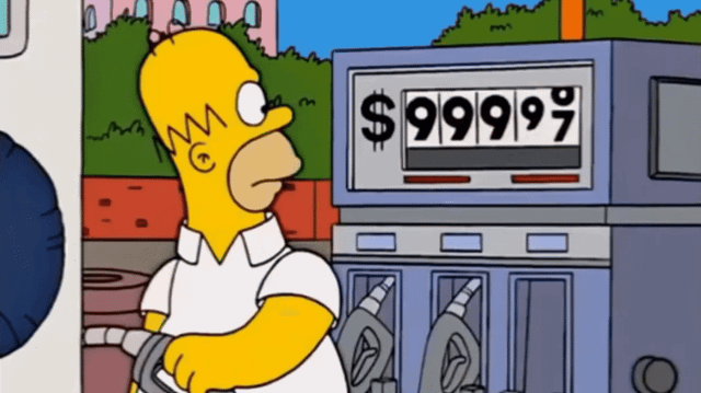 Screenshot from The Simpsons showing Homer looking at a gas station price display reading $999.99.
