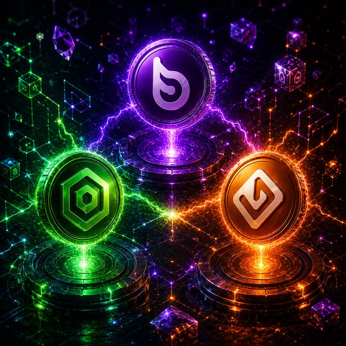 A vibrant digital artwork displaying three glowing cryptocurrency coins in purple, green, and orange, each with unique logos, set against a cosmic background with floating cubes and electric energy effects.