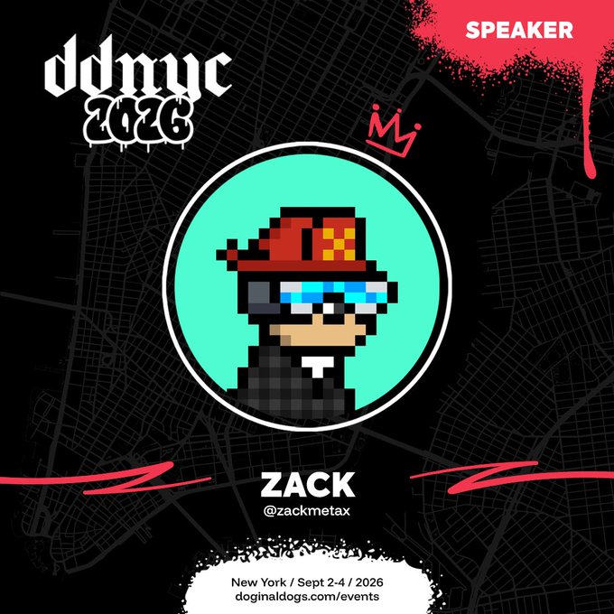 A speaker announcement poster for "ddmyc 2026" featuring a pixel-art avatar of a character with a red hat and sunglasses, labeled "ZACK @zackmetax", for the New York event on Sept 2-4, 2026.