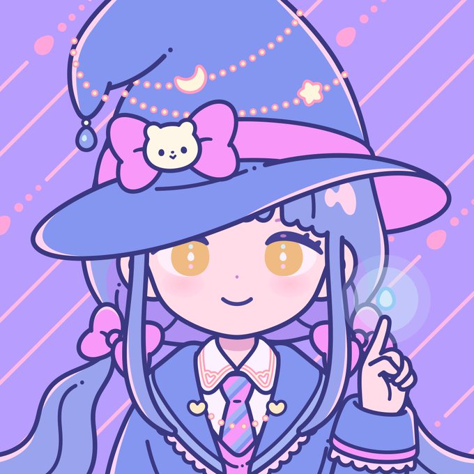 A cute anime-style witch character with blue hair, wearing a large pointed hat adorned with stars and a moon, a blue outfit with a tie, and casting a magical spell with glowing light on her fingertip.