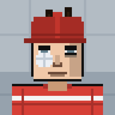 An 8-bit pixel art character wearing a red cap and red shirt with white stripes, featuring blue eyes and a neutral expression.
