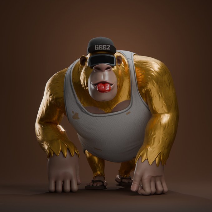 A 3D render of a muscular golden monkey wearing a white tank top, black cap labeled 'GEEZ,' and sunglasses, with red lips, against a brown background.