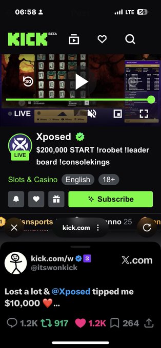 A mobile screenshot of the Kick streaming platform showing an Xposed live stream titled '$200,000 START !roobot !leader board !consolokeings' in the Slots & Casino category, with a tweet below from @itswonkick about a $10,000 tip.