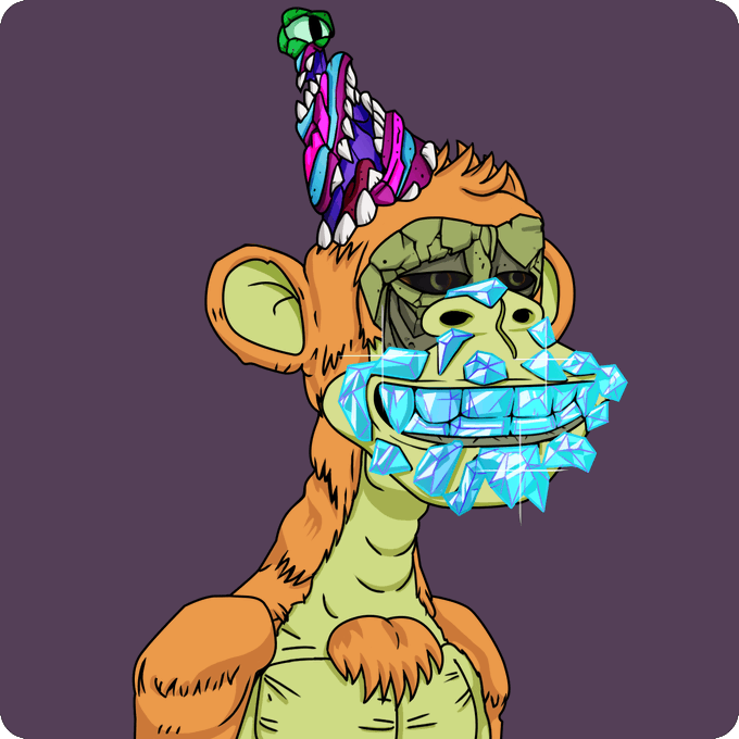 An orange cartoon ape character with a melting, colorful ice cream cone on its head and a wide grin showcasing large, sparkling blue diamond teeth.