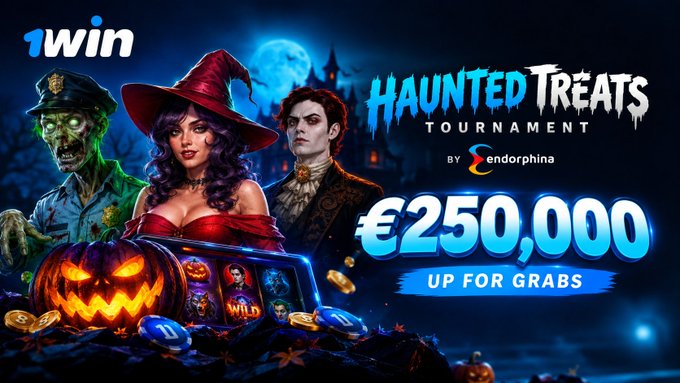 The promotional image advertises the "Haunted Treats Tournament" by Endorphina on 1win, featuring a Halloween-themed lineup of characters—a zombie police officer, a witch, and a vampire—alongside a glowing jack-o'-lantern and a slot machine, with "€250,000 UP FOR GRABS" prominently displayed in the center against a haunted castle backdrop.