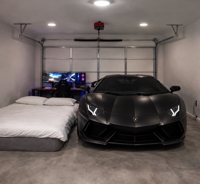 A matte black Lamborghini parked inside a garage, next to a bed with white sheets and a desk with a multi-monitor computer setup.