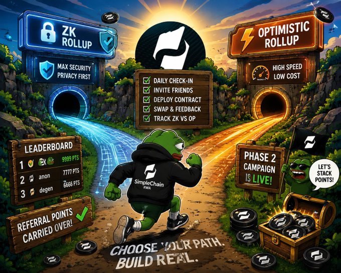 A promotional graphic for a 'SimpleChain Swa' campaign featuring a green mascot choosing between a 'ZK ROLLUP' path labeled 'MAX SECURITY PRIVACY FIRST' and an 'OPTIMISTIC ROLLUP' path labeled 'HIGH SPEED LOW COST', with a checklist and leaderboard.