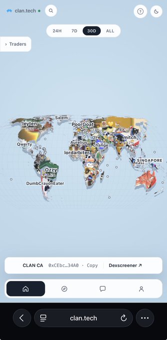 A mobile screenshot from clan.tech showing a world map with various user tags (like 'Teyten', 'Qwerty', 'PoorGoat', 'SINGAPORE #6735'), with a 'CLAN CA' address and 'Dexscreener' link visible.