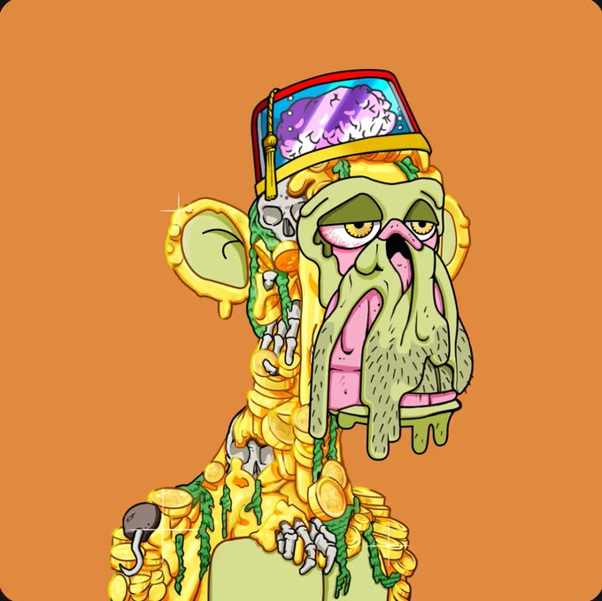 A cartoon-style illustration of a melting green zombie character wearing a jeweled crown, covered in gold coins and bones, dripping with green slime against an orange background.