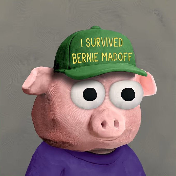 A 3D-rendered pig character wearing a purple shirt and a green baseball cap with yellow text reading 'I SURVIVED BERNIE MADOFF'.