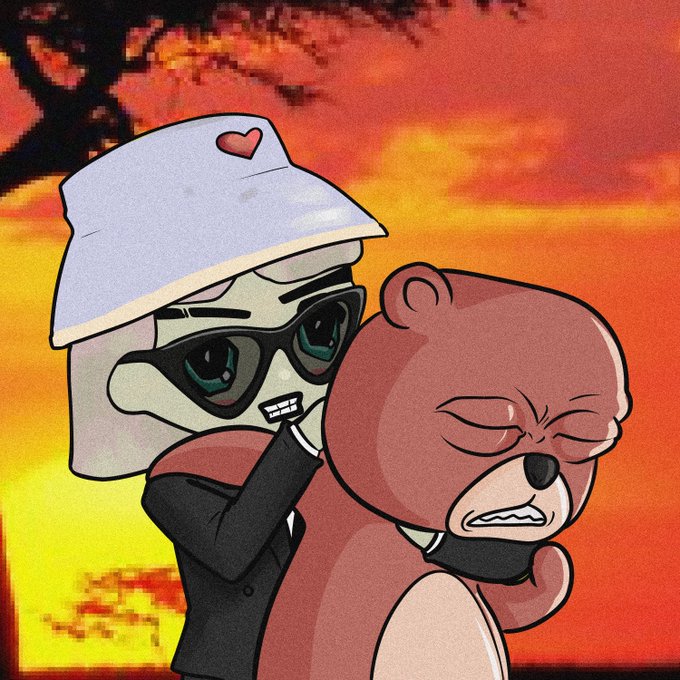 A cartoon illustration shows a grey-skinned character wearing a white helmet with a pink heart and sunglasses, biting the ear of an angry-looking reddish-brown bear against a sunset background.