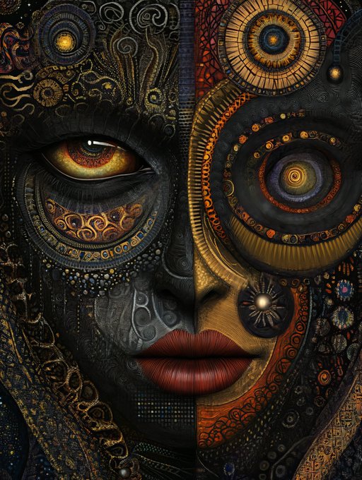 The image features a face with black and gold patterns, giving it an artistic and intricate appearance. The face has two eyes, one of which is yellow, adding a unique touch to its design. The background of the image is white, providing contrast that highlights the details of the face. The post also mentions the Oracle of Eternal Patterns, which could be interpreted as the artist's signature or style in creating this captivating piece of art.