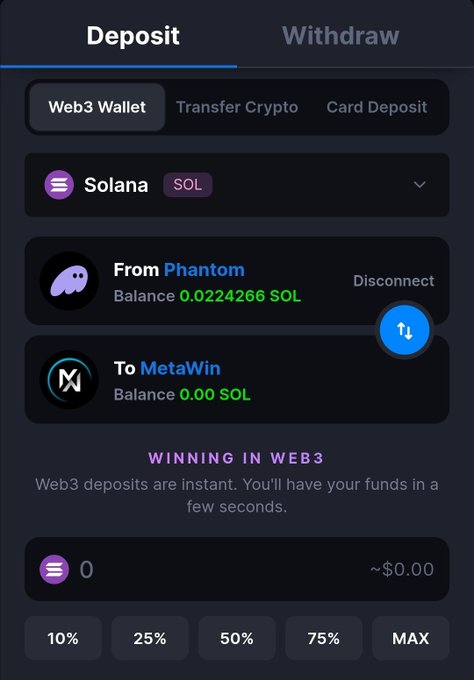 A mobile app deposit screen shows options for Web3 Wallet, Transfer Crypto, and Card Deposit, with a Solana transaction from Phantom (0.0224266 SOL) to MetaWin (0.00 SOL).