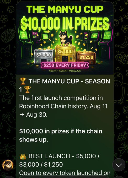 Promotional graphic for 'THE MANYU CUP' advertising $10,000 in prizes with trophies of $3,000, $5,000, and $1,250, running Aug 11-31 at manyu.fun.