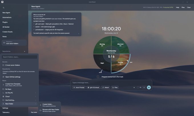 This screenshot of @rootsh displays a "Daily Tasks" widget showing 5/6 tasks completed for Wednesday, July 22, alongside a "Where we left off" note summarizing recent project activities. The integration of daily tasks and calibration directly to the home section highlights the feature's usability.