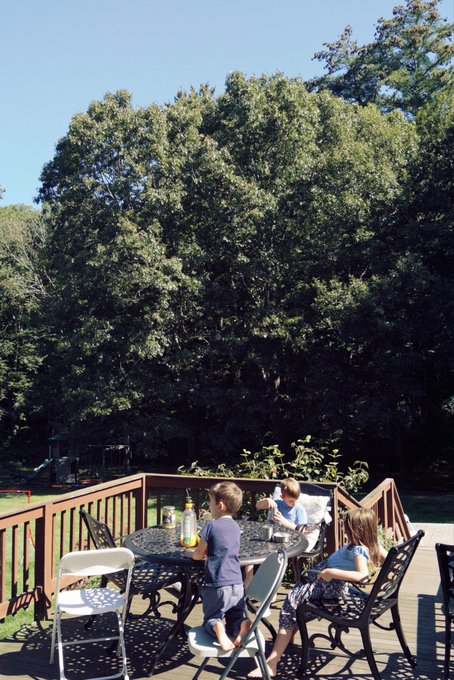 A photograph of three children sitting around a metal patio table on a wooden deck in a backyard, with a large leafy tree in the background.