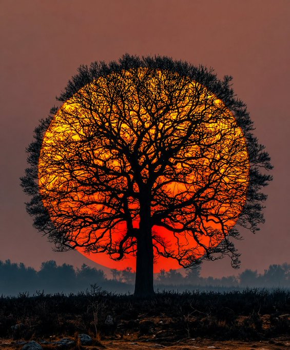 A silhouette of a large leafless tree stands dramatically against a massive orange and red setting sun in a dark landscape.