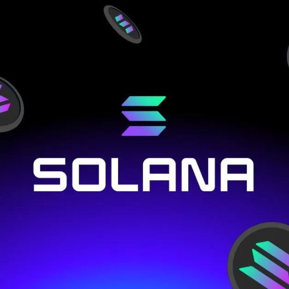 The image displays the Solana logo and name in white text against a gradient purple and black background, with decorative coin graphics featuring Solana's emblem in the corners. This branding imagery ties directly to the post's news about Solana achieving a record-breaking 1.49 million token launches in a single week, visually reinforcing the cryptocurrency network being celebrated for its milestone.