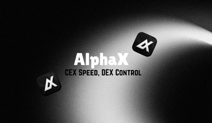 A black and white promotional graphic displays the AlphaX logo with the tagline 'CEX SPEED, DEX CONTROL' flanked by two app icons against a gradient background.