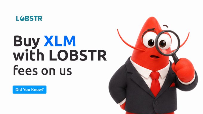 A promotional graphic for LOBSTR features a red lobster character in a suit holding a magnifying glass, advertising "Buy XLM with LOBSTR fees on us." The image visually reinforces the offer of fee-free XLM purchases when holding AQUA or ICE tokens, as highlighted by the "Did You Know?" button.