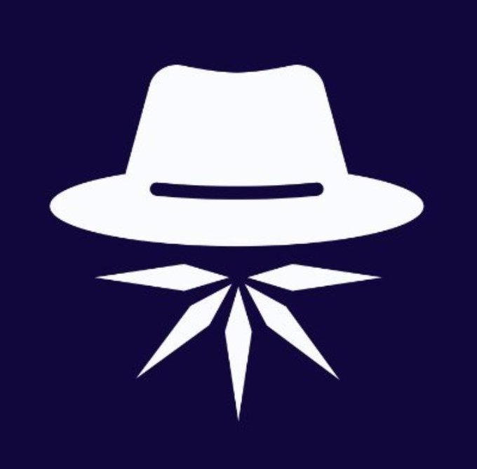 A white logo on a dark purple background depicting a fedora hat above a stylized mustache and radiating spikes.