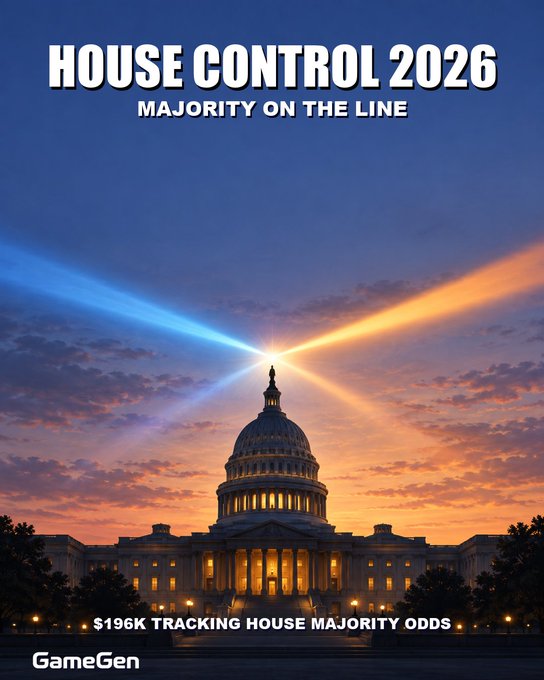 A dramatic poster titled 'HOUSE CONTROL 2026: MAJORITY ON THE LINE' showing the US Capitol building at sunset with blue and orange light beams crossing above it, branded with 'GameGen' and '$196K TRACKING HOUSE MAJORITY ODDS'.