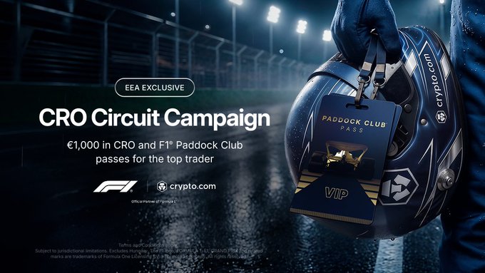 The image features an advertisement for CRO Circuit Campaign, which includes a person wearing a blue helmet holding a race bib with the words "CRO Circuit Campaign" written on it. The background of the image shows a racetrack at night, with green lights illuminating the area and a car passing by in the distance.