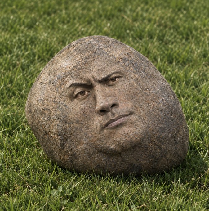 A rock with a carved human face displaying a skeptical, sideways-glancing expression rests on grass, humorously mirroring the cautious suspicion one might feel toward a "$15 Giveaway" requiring users to drop their SOL address publicly.
