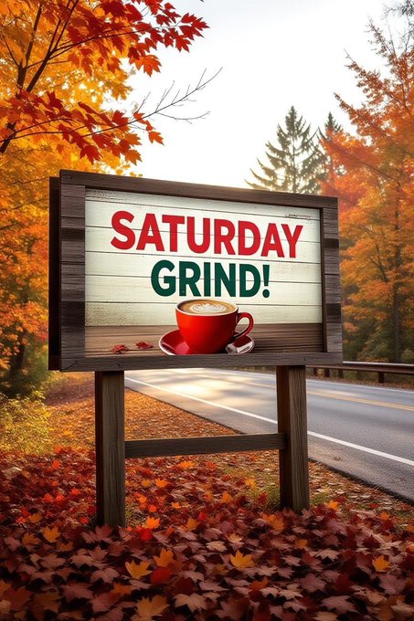 A wooden roadside sign reads 'SATURDAY GRIND!' in red and green lettering with an image of a coffee cup, set against a scenic autumn backdrop with red and orange leaves.