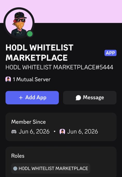 Discord profile page for HODL WHITELIST MARKETPLACE#5444 showing member since dates of June 6, 2026.