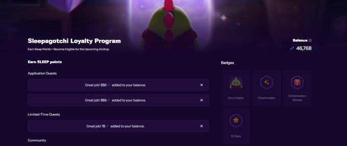 A webpage screenshot for the 'Sleepagotchi Loyalty Program', displaying 'Earn SLEEP points' through quests and showing 'Badges' like 'OncoHolder' and 'Dreamretailer', with a 'Balance' of 46,768.